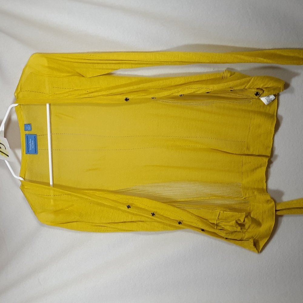 Vera Wang Yellow Spring Light Weight  Sweater Cardigan Size XS Pockets Die-Cuts